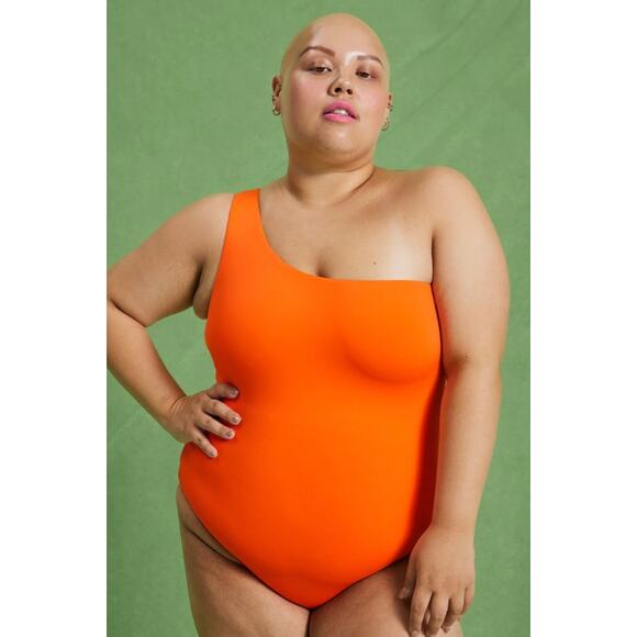 Girlfriend Collective One Shoulder Koi Oasis One Piece Swimsuit in Orange, Large - Picture 1 of 6